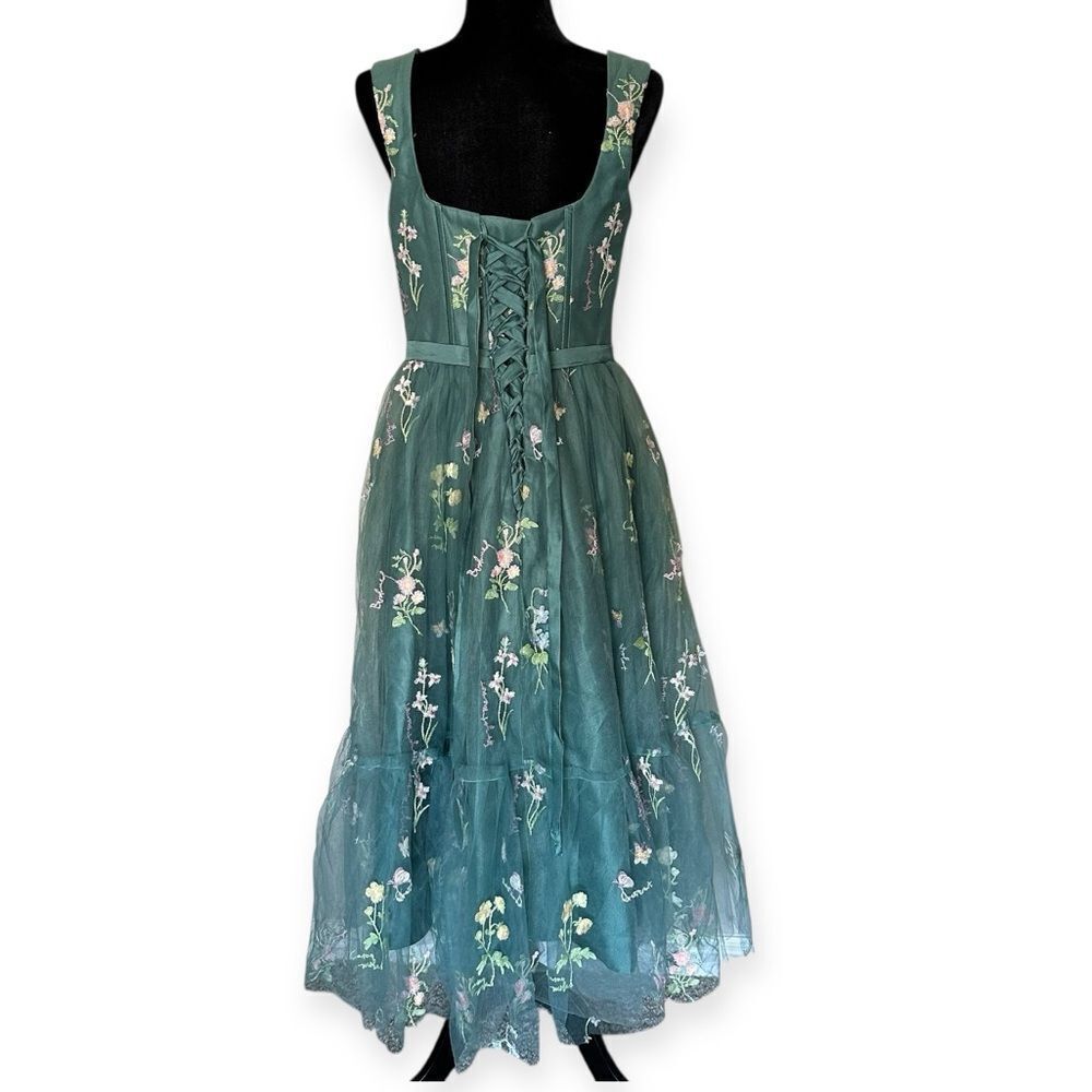 Corset Floral Embroidered Green Ruched Layered Tulle Flower  Midi Prom Dress - Picture 4 of 13
